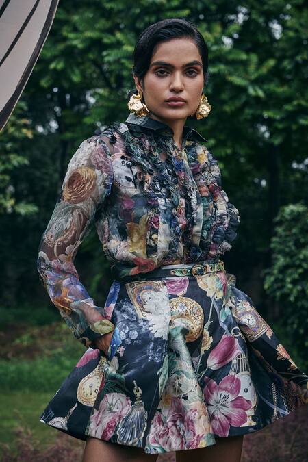 Pankaj & Nidhi Multi Color Organza Ruffles Collared Gardenia Print Shirt Online at Aza Fashions Pankaj & Nidhi_Multi Color Organza Ruffles Collared Gardenia Print Shirt _Online_at_Aza_Fashions