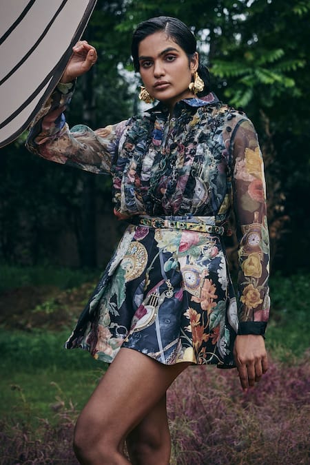 Buy Pankaj & Nidhi Multi Color Organza Ruffles Collared Gardenia Print Shirt Online at Aza Fashions Buy_Pankaj & Nidhi_Multi Color Organza Ruffles Collared Gardenia Print Shirt _Online_at_Aza_Fashions