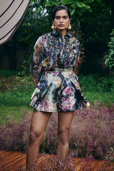 Buy_Pankaj & Nidhi_Black Satin, Twill Gardenia Print Pleated Mini Skorts _Online_at_Aza_Fashions
