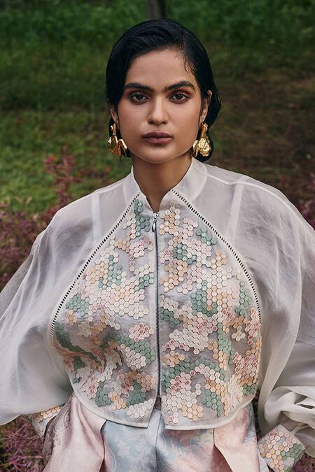 Pankaj & Nidhi_Mint Organza Applique Mandarin Collar Hexarose Inlaid Bomber Jacket _Online_at_Aza_Fashions