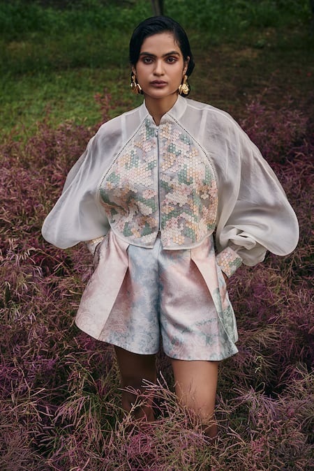 Buy_Pankaj & Nidhi_Mint Organza Applique Mandarin Collar Hexarose Inlaid Bomber Jacket _Online_at_Aza_Fashions