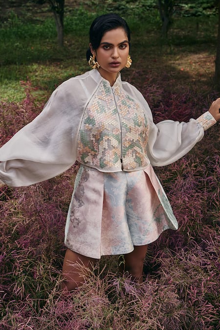 Shop_Pankaj & Nidhi_Mint Organza Applique Mandarin Collar Hexarose Inlaid Bomber Jacket _Online_at_Aza_Fashions