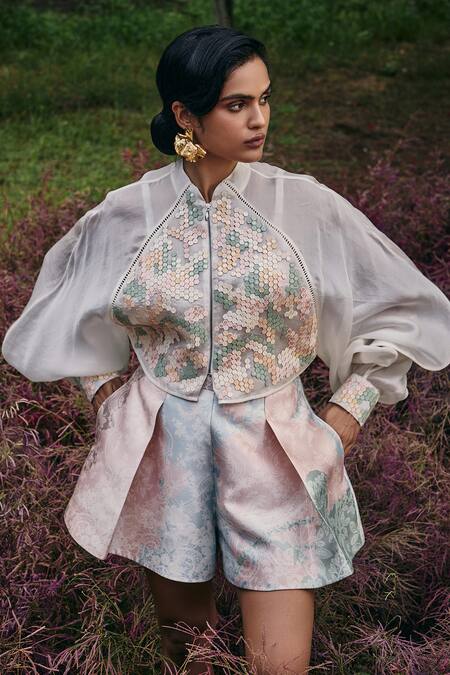 Pankaj & Nidhi_Mint Organza, Satin Applique, Embroidery Hexarose Inlaid Bomber Jacket And Skorts _Online_at_Aza_Fashions