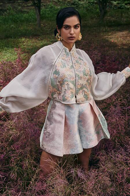Buy_Pankaj & Nidhi_Mint Organza, Satin Applique, Embroidery Hexarose Inlaid Bomber Jacket And Skorts _Online_at_Aza_Fashions