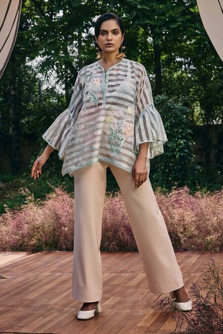 Pankaj & Nidhi Mint Organza Sequins, Embroidery Maxim Striped Bloom Top Online at Aza Fashions Pankaj & Nidhi_Mint Organza Sequins, Embroidery Maxim Striped Bloom Top _Online_at_Aza_Fashions