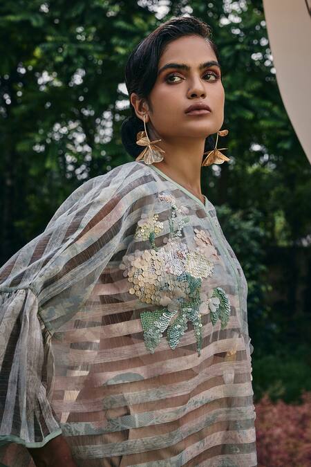 Buy Pankaj & Nidhi Mint Organza Sequins, Embroidery Maxim Striped Bloom Top Online at Aza Fashions Buy_Pankaj & Nidhi_Mint Organza Sequins, Embroidery Maxim Striped Bloom Top _Online_at_Aza_Fashions