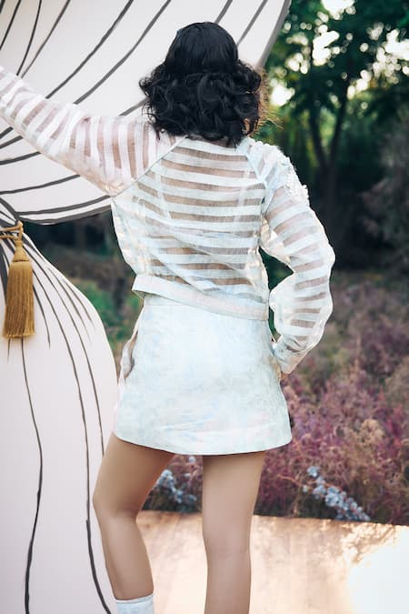 Shop_Pankaj & Nidhi_Blue Organza Sequins Collared Mint Embroidered Shirt _at_Aza_Fashions