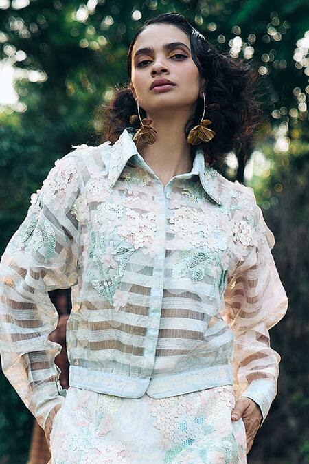 Pankaj & Nidhi_Blue Organza Sequins Collared Mint Embroidered Shirt _Online_at_Aza_Fashions