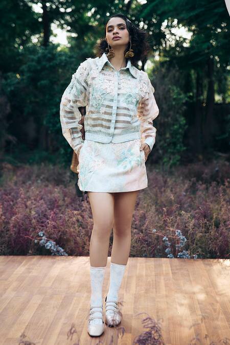 Buy_Pankaj & Nidhi_Blue Organza Sequins Collared Mint Embroidered Shirt _Online_at_Aza_Fashions