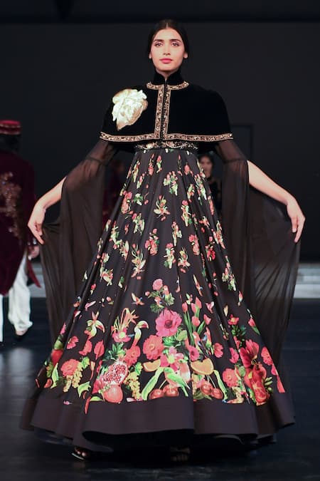 Rohit Bal Black Chanderi, Velvet, Cotton Applique Floral Print Anarkali Set With Cape
