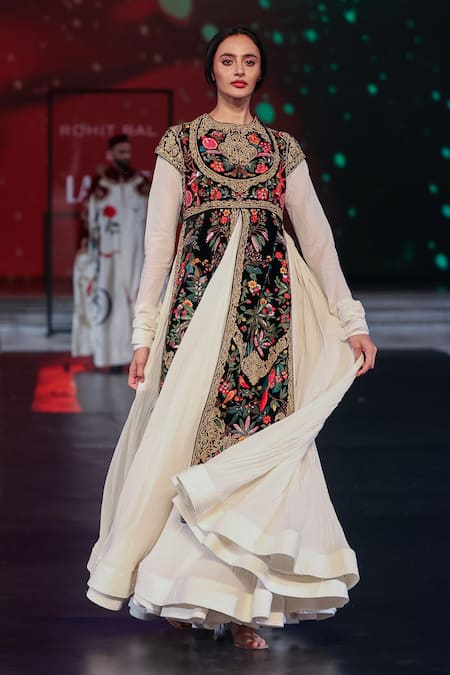 Rohit Bal Black Chanderi, Velvet Sequins, Embroidery Round Neck Botanical Anarkali Set Online at Aza Fashions Rohit Bal_Black Chanderi, Velvet Sequins, Embroidery Round Neck Botanical Anarkali Set _Online_at_Aza_Fashions