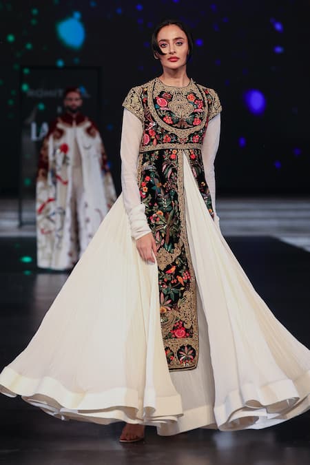 Shop Rohit Bal Black Chanderi, Velvet Sequins, Embroidery Round Neck Botanical Anarkali Set Online at Aza Fashions Shop_Rohit Bal_Black Chanderi, Velvet Sequins, Embroidery Round Neck Botanical Anarkali Set _Online_at_Aza_Fashions