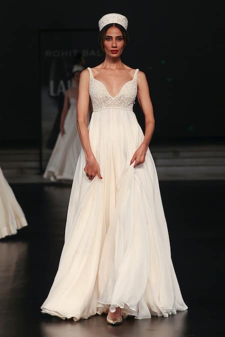 Rohit Bal Ivory Net, Chiffon Sequins, Zari Floral Yoke Embroidered Anarkali And Churidar