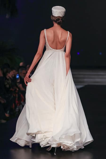 Shop_Rohit Bal_Ivory Net, Chiffon Sequins, Zari Floral Yoke Embroidered Anarkali And Churidar _at_Aza_Fashions