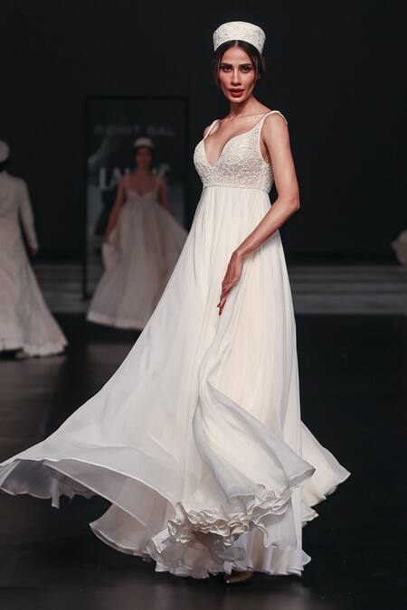 Rohit Bal_Ivory Net, Chiffon Sequins, Zari Floral Yoke Embroidered Anarkali And Churidar _Online_at_Aza_Fashions