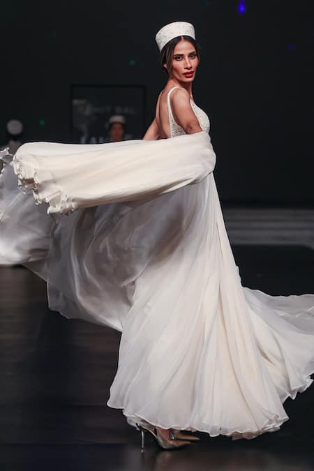 Buy_Rohit Bal_Ivory Net, Chiffon Sequins, Zari Floral Yoke Embroidered Anarkali And Churidar _Online_at_Aza_Fashions