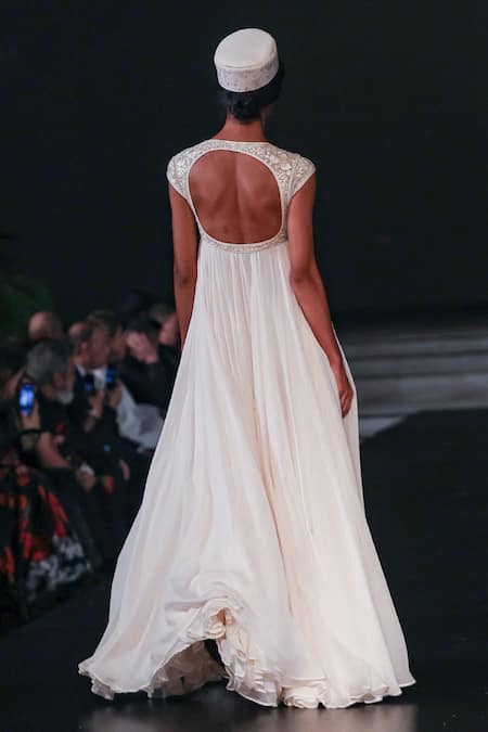 Shop Rohit Bal Ivory Chiffon, Chanderi Sequins, Zari Floral Embroidered Anarkali Set at Aza Fashions Shop_Rohit Bal_Ivory Chiffon, Chanderi Sequins, Zari Floral Embroidered Anarkali Set _at_Aza_Fashions