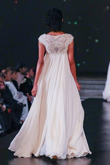 Shop Rohit Bal Ivory Chanderi, Chiffon Embroidery Sweetheart Flared Anarkali Set With Resham at Aza Fashions Shop_Rohit Bal_Ivory Chanderi, Chiffon Embroidery Sweetheart Flared Anarkali Set With Resham _at_Aza_Fashions