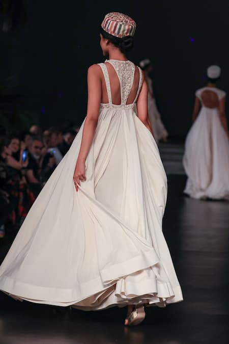 Shop Rohit Bal Ivory Cotton Embroidery Halter Neck Resham Floral Anarkali And Churidar at Aza Fashions Shop_Rohit Bal_Ivory Cotton Embroidery Halter Neck Resham Floral Anarkali And Churidar _at_Aza_Fashions