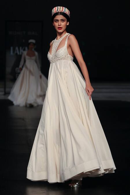 Shop Rohit Bal Ivory Cotton Embroidery Halter Neck Resham Floral Anarkali And Churidar Online at Aza Fashions Shop_Rohit Bal_Ivory Cotton Embroidery Halter Neck Resham Floral Anarkali And Churidar _Online_at_Aza_Fashions