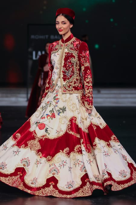 Rohit Bal_Ivory Velvet, Silk Embroidery Mandarin Collar Anarkali Set With Jacket _Online_at_Aza_Fashions