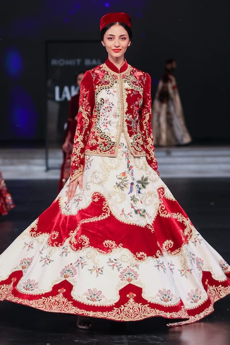 Buy_Rohit Bal_Ivory Velvet, Silk Embroidery Mandarin Collar Anarkali Set With Jacket _Online_at_Aza_Fashions