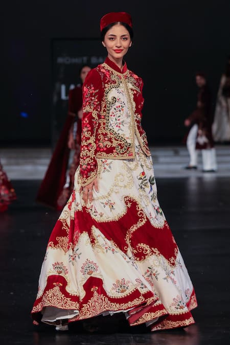 Shop_Rohit Bal_Ivory Velvet, Silk Embroidery Mandarin Collar Anarkali Set With Jacket _Online_at_Aza_Fashions