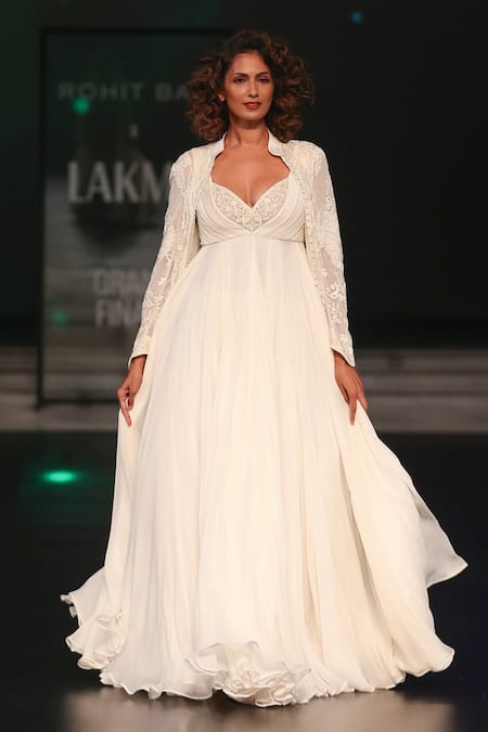 Rohit Bal Ivory Net, Chiffon Embroidery Sweetheart Neck, Resham Anarkali Set With Jacket 