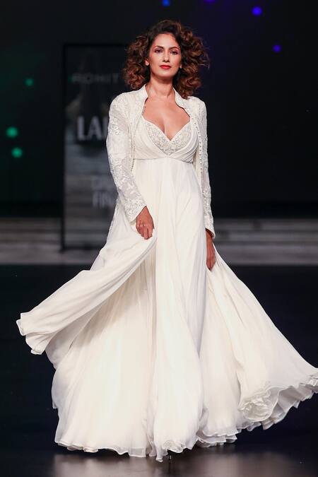 Rohit Bal_Ivory Net, Chiffon Embroidery Sweetheart Neck, Resham Anarkali Set With Jacket _Online_at_Aza_Fashions