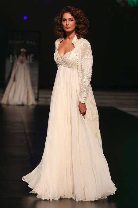 Shop_Rohit Bal_Ivory Net, Chiffon Embroidery Sweetheart Neck, Resham Anarkali Set With Jacket _Online_at_Aza_Fashions