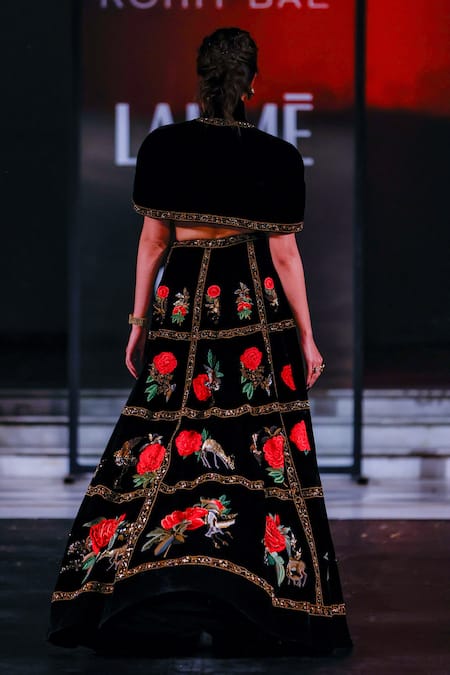 Rohit Bal Floral Embroidered Velvet Cape Lehenga Set 