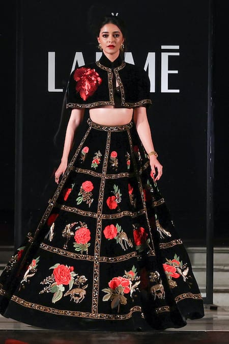 Rohit Bal_Black Velvet Embroidery, Zari, Sequins V-neck Floral Cape Lehenga Set _Online_at_Aza_Fashions