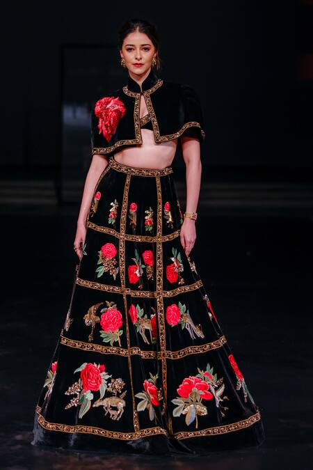 Buy_Rohit Bal_Black Velvet Embroidery, Zari, Sequins V-neck Floral Cape Lehenga Set _Online_at_Aza_Fashions