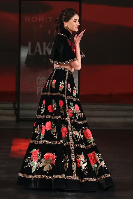 Shop_Rohit Bal_Black Velvet Embroidery, Zari, Sequins V-neck Floral Cape Lehenga Set _Online_at_Aza_Fashions