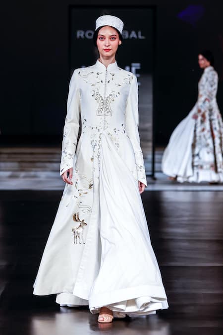 Rohit Bal Ivory Silk Sequins, Beads Mandarin Collar Embroidered Longline Jacket