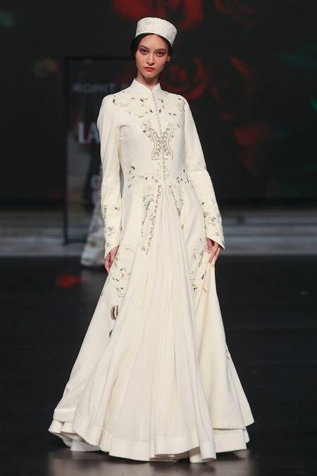 Rohit Bal_Ivory Silk Sequins, Beads Mandarin Collar Embroidered Longline Jacket _Online_at_Aza_Fashions