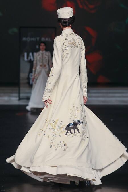 Buy_Rohit Bal_Ivory Silk Sequins, Beads Mandarin Collar Embroidered Longline Jacket _Online_at_Aza_Fashions