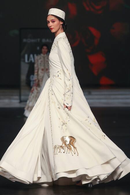 Shop_Rohit Bal_Ivory Silk Sequins, Beads Mandarin Collar Embroidered Longline Jacket _Online_at_Aza_Fashions