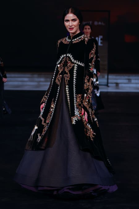 Rohit Bal Black Velvet Resham Embroidered Longline Jacket 