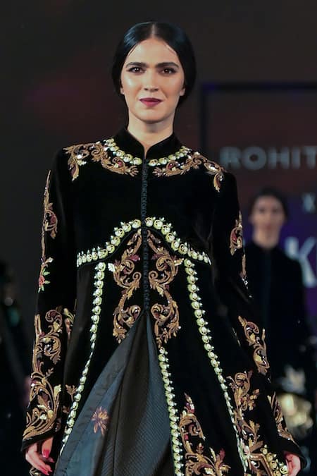 Rohit Bal Black Velvet Embroidery Mandarin Collar Resham Longline Jacket Online at Aza Fashions Rohit Bal_Black Velvet Embroidery Mandarin Collar Resham Longline Jacket _Online_at_Aza_Fashions