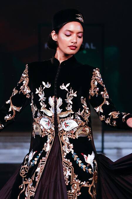 Rohit Bal_Black Velvet Embroidery Mandarin Collar Resham Longline Jacket _Online_at_Aza_Fashions