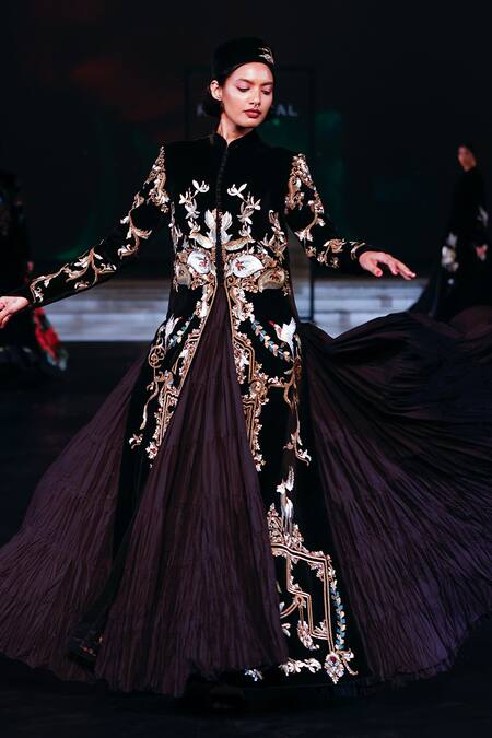 Buy_Rohit Bal_Black Velvet Embroidery Mandarin Collar Resham Longline Jacket _Online_at_Aza_Fashions