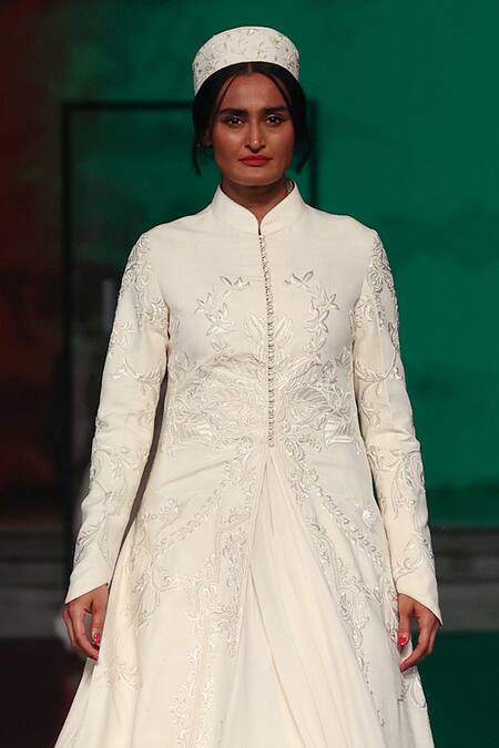 Rohit Bal_Ivory Silk Embroidery Mandarin Collar Floral Longline Jacket _Online_at_Aza_Fashions
