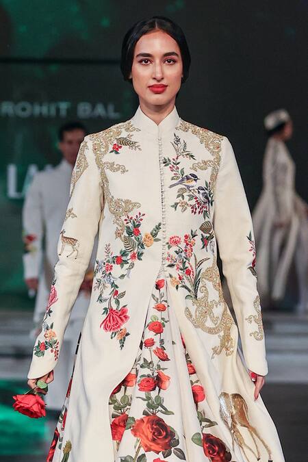 Rohit Bal_Ivory Silk Embroidery, Sequins, Zari Mandarin Botanical Print Anarkali Set _Online_at_Aza_Fashions