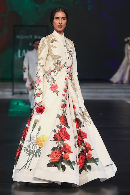 Buy_Rohit Bal_Ivory Silk Embroidery, Sequins, Zari Mandarin Botanical Print Anarkali Set _Online_at_Aza_Fashions