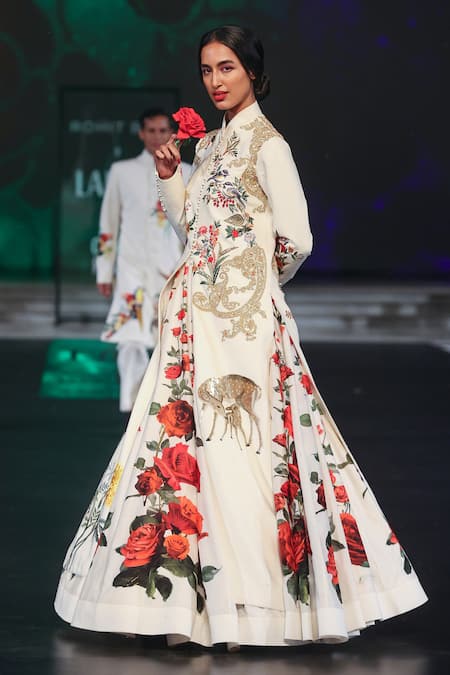 Shop_Rohit Bal_Ivory Silk Embroidery, Sequins, Zari Mandarin Botanical Print Anarkali Set _Online_at_Aza_Fashions