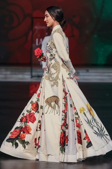 Rohit Bal_Ivory Silk Embroidery, Sequins, Zari Mandarin Botanical Print Anarkali Set _at_Aza_Fashions