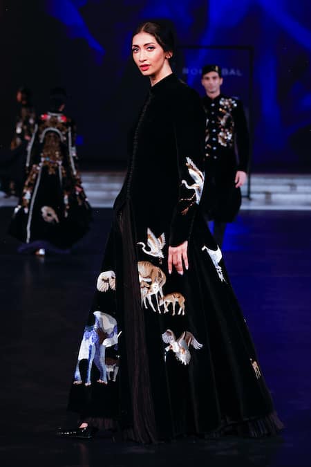 Rohit Bal Black Velvet Sequins, Embroidery Mandarin Collar Jungle Longline Jacket Online at Aza Fashions Rohit Bal_Black Velvet Sequins, Embroidery Mandarin Collar Jungle Longline Jacket _Online_at_Aza_Fashions