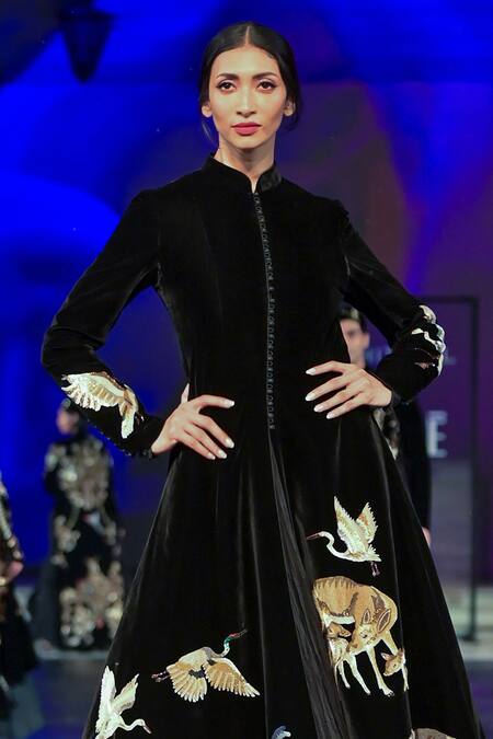 Buy Rohit Bal Black Velvet Sequins, Embroidery Mandarin Collar Jungle Longline Jacket Online at Aza Fashions Buy_Rohit Bal_Black Velvet Sequins, Embroidery Mandarin Collar Jungle Longline Jacket _Online_at_Aza_Fashions
