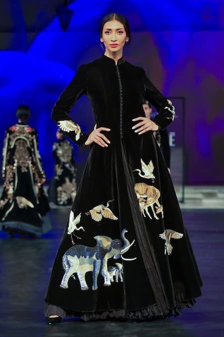 Shop Rohit Bal Black Velvet Sequins, Embroidery Mandarin Collar Jungle Longline Jacket Online at Aza Fashions Shop_Rohit Bal_Black Velvet Sequins, Embroidery Mandarin Collar Jungle Longline Jacket _Online_at_Aza_Fashions